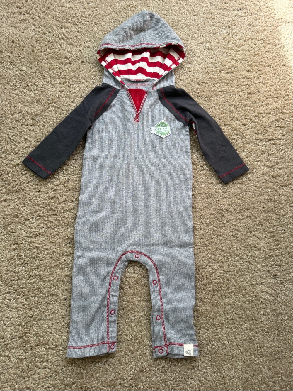 Burt’s Bee Striped Hooded Baby One-Piece in Gray and Red
